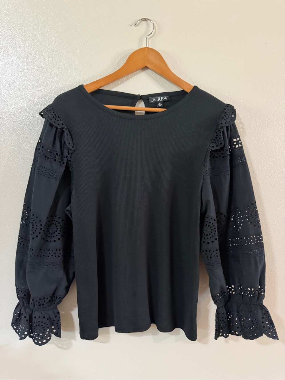 J. Crew | Ruffle-trim‎ Eyelet Long Balloon Sleeve Top in Vintage Rib, Black, XL